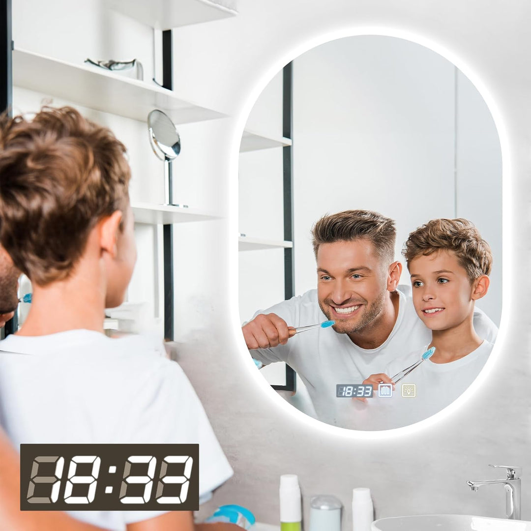 Badspiegel Rund mit Beleuchtung 50 cm x 75 cm, Badspiegel Rund mit Uhr, LED, Dimmbar, 3 Lichtfarben,