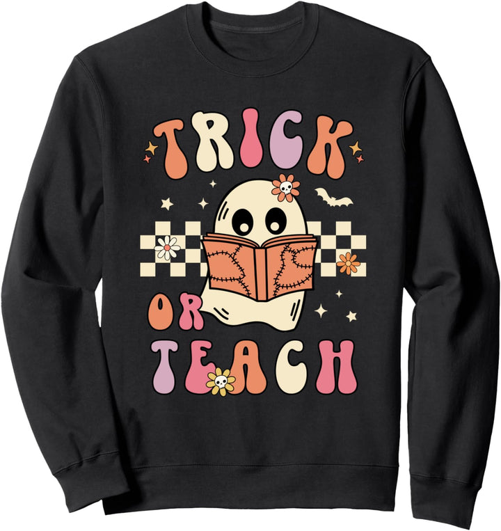 Groovy Halloween Trick or Teach Retro Floral Ghost Teacher Sweatshirt