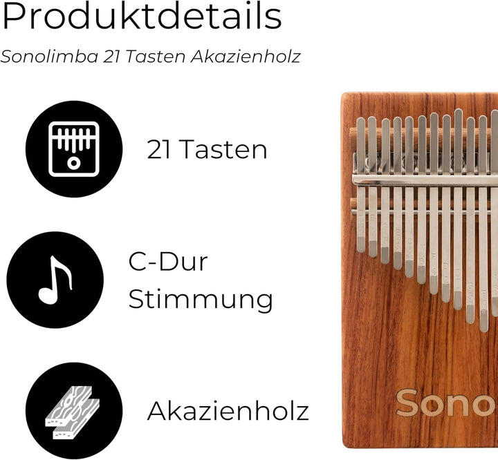 Sonolimba "Kalimba mit 21 Tasten" - Daumenklavier aus hochwertigem Akazienholz - Finger Thumb inkl.