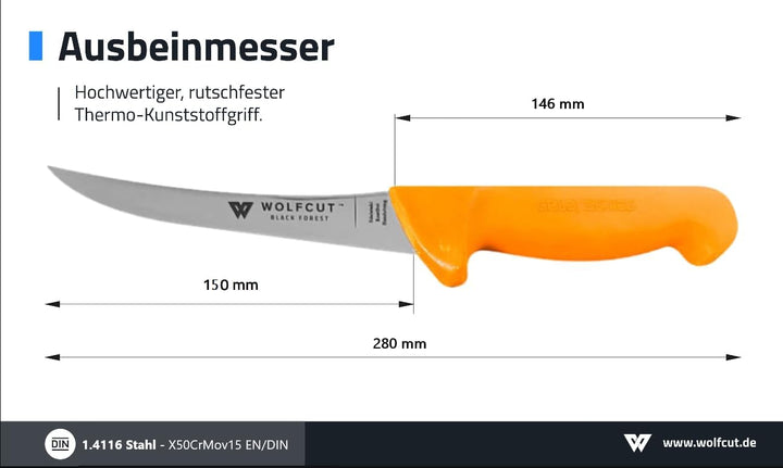 Wolfcut Gold Serie - Metzgermesser-Set 2-tlg. - Ausbeinmesser gebogene flex 15 cm Klinge und gerade