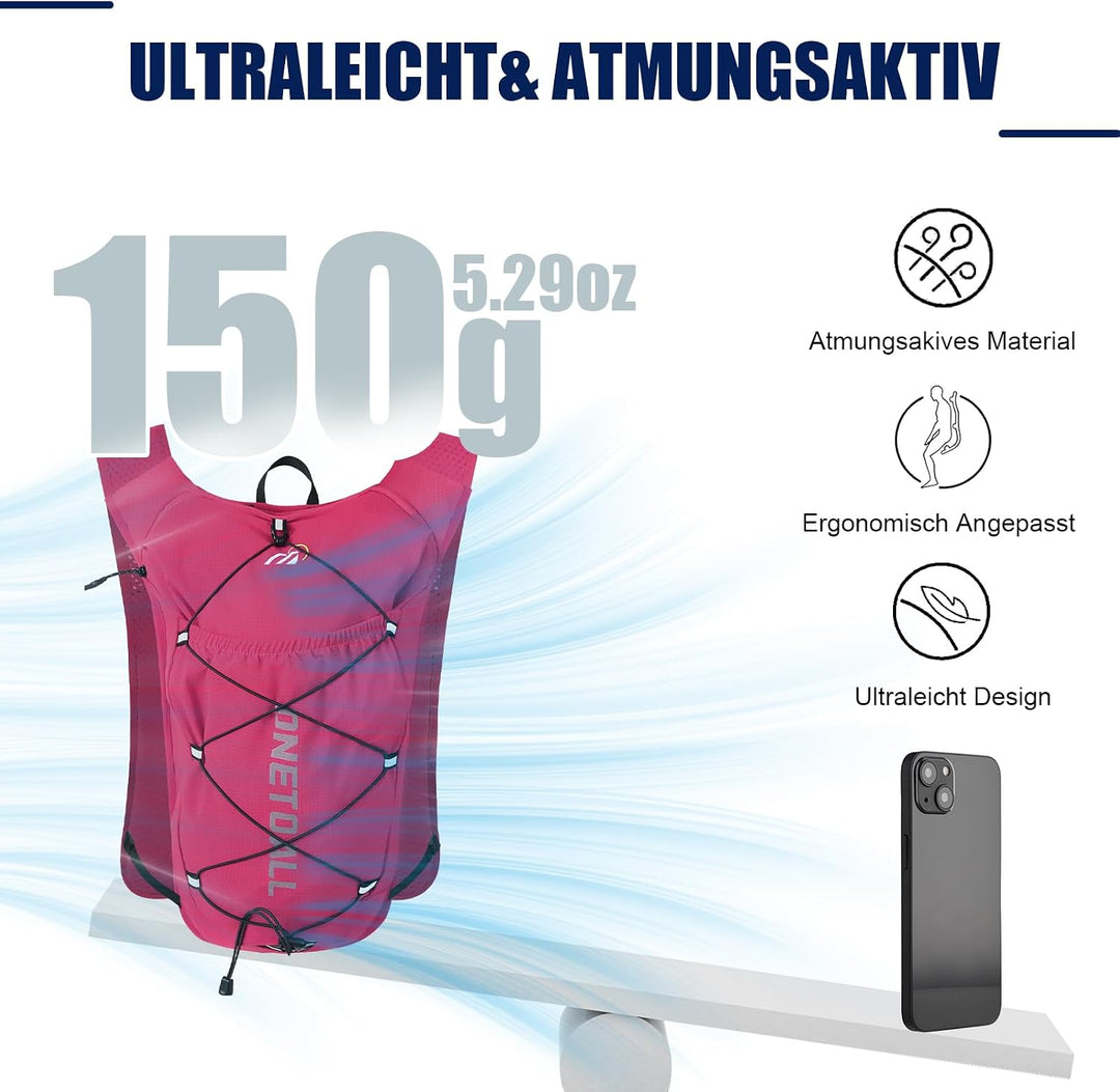 Laufweste Damen mit 500ml Trinkflasche/2L Trinkblase, Leichter Trinkrucksack Laufen Herren 6L, Runin