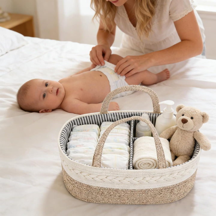 Windel Caddy Organizer, Baby Organizer Korb mit wechselbaren Fächern | 100% Baumwoll Leinen Wickelti