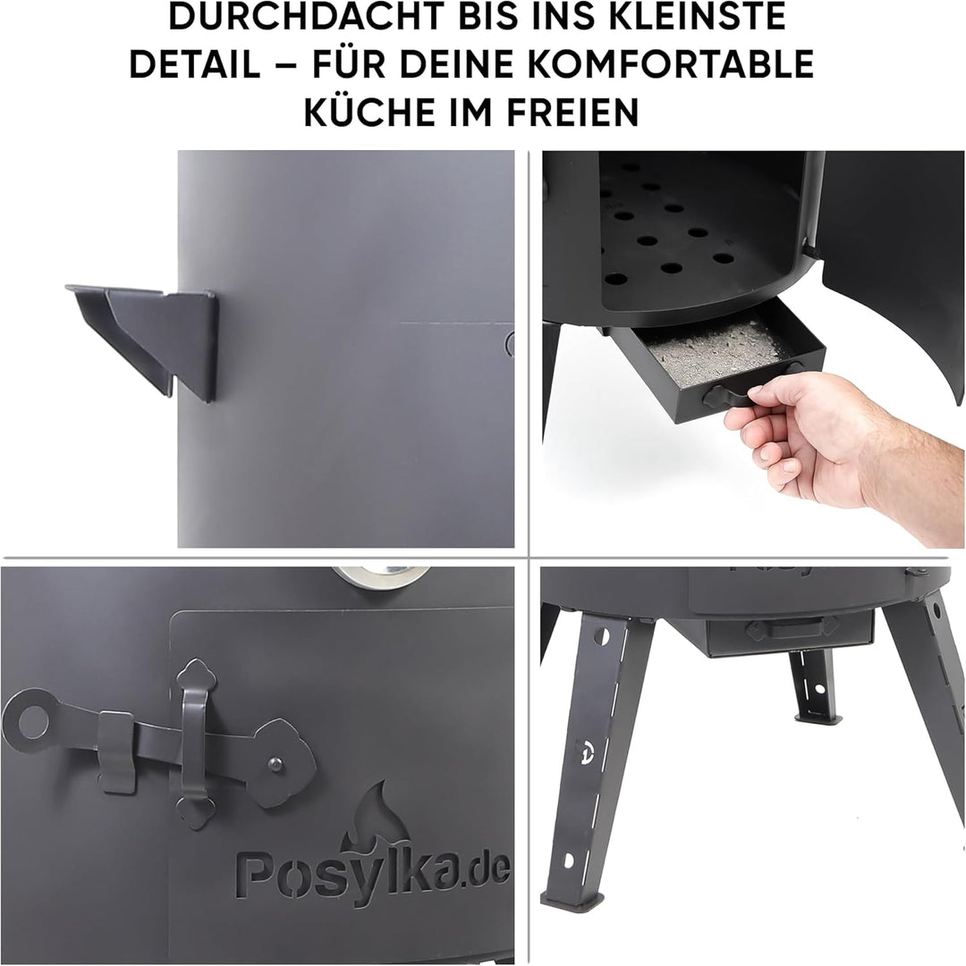 Utschak Uchag Feuerofen Ø 40 cm 2 mm Stahl mit Usbekische Kazan 12 L flacher Boden Schaumlöffel und