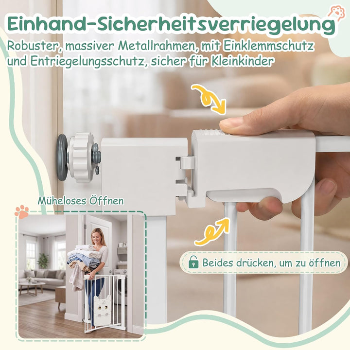 ACXIN Türschutzgitter Weiss 105-115 cm, Kinder Schutzgitter mit Katzenklappe, Babygitter Metall für