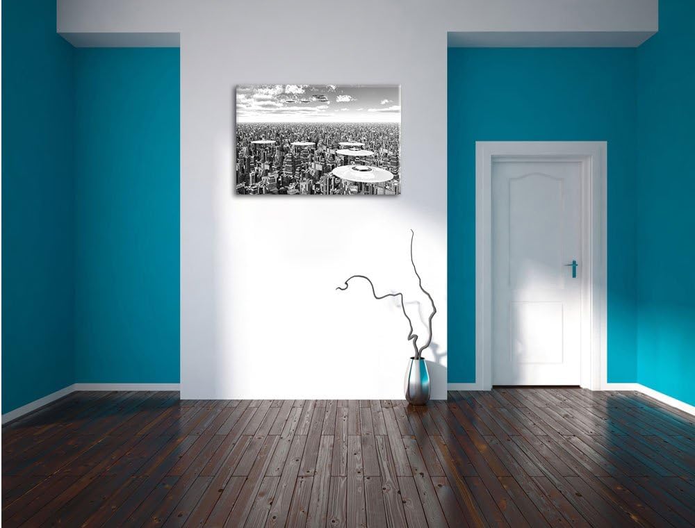 Pixxprint UFO´s über der Stadt Kunst B&amp;W als Leinwandbild | Grösse: 100x70 cm | Wandbild | Kunstdruc
