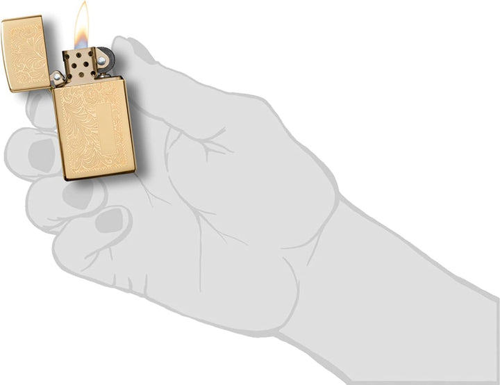 Zippo Sturmfeuerzeug - Venetian Brass Slim, High Polish Brass, Lustre - Nachfüllbar - Wiederverwendb