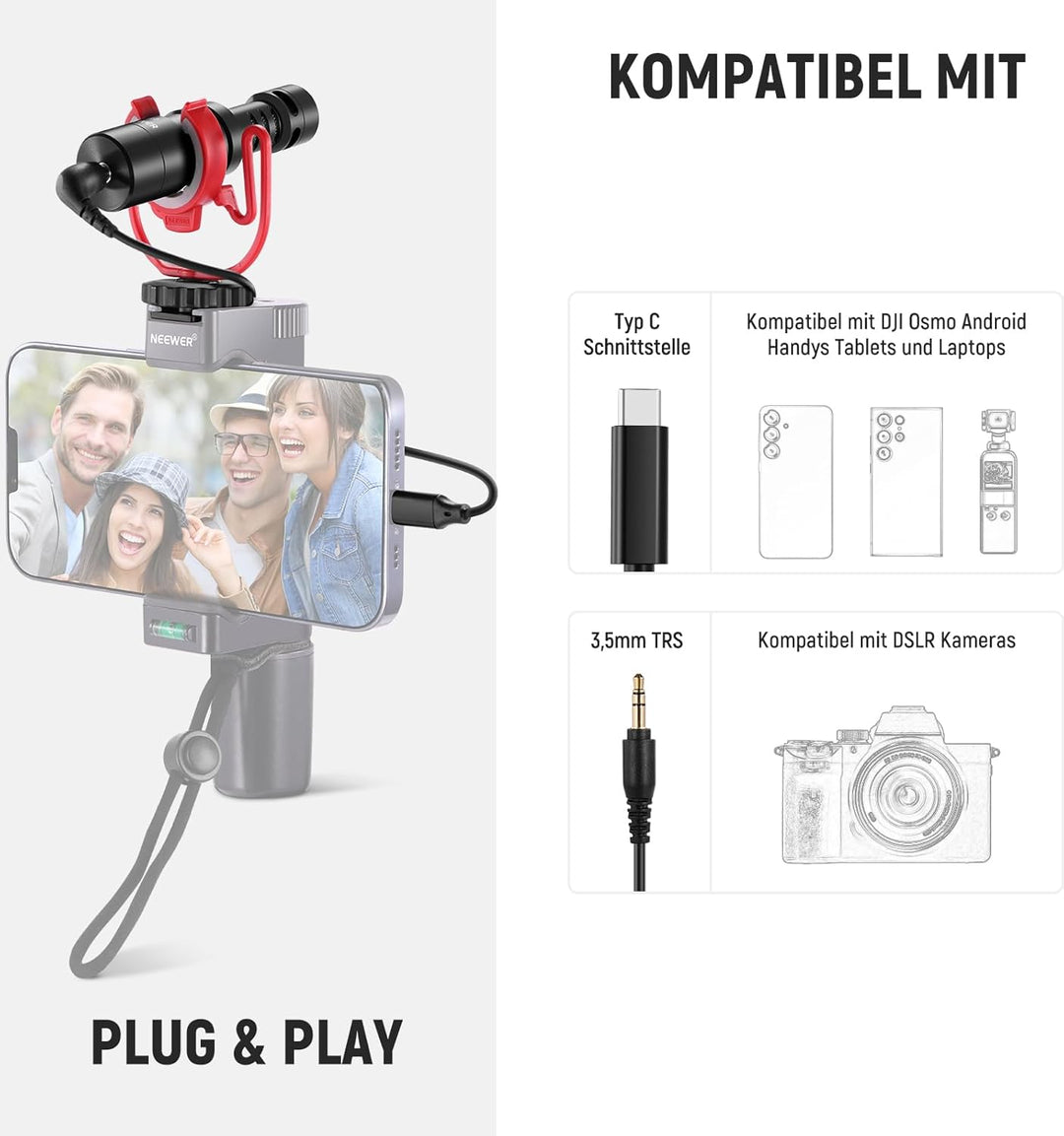 NEEWER VM10 Mini Plug & Play Vlog Mikrofon mit Reinigungstuch, 3,5mm TRS, USB C, OTG, Stossdämpferha
