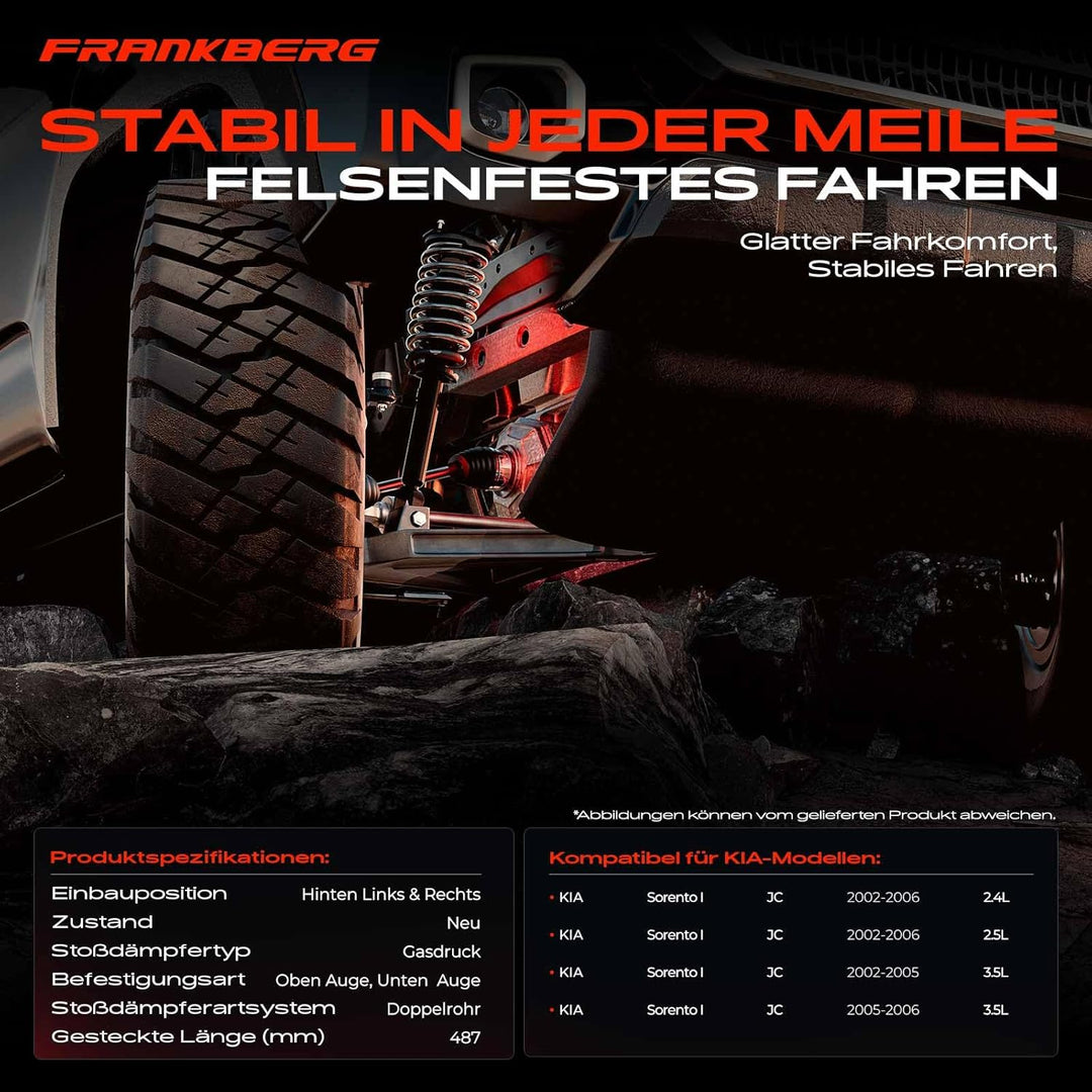 Frankberg 2x Stossdämpfer Hinterachse Gasdruck Kompatibel mit Sorento I JC 2.4L-3.5L SUV 2002-2006 R