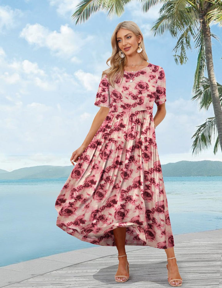 YESNO Damen Kleider Freizeit Lose Sommerkleid Lang Boho Maxikleid für Rundhals Strandkleid Blumenkle