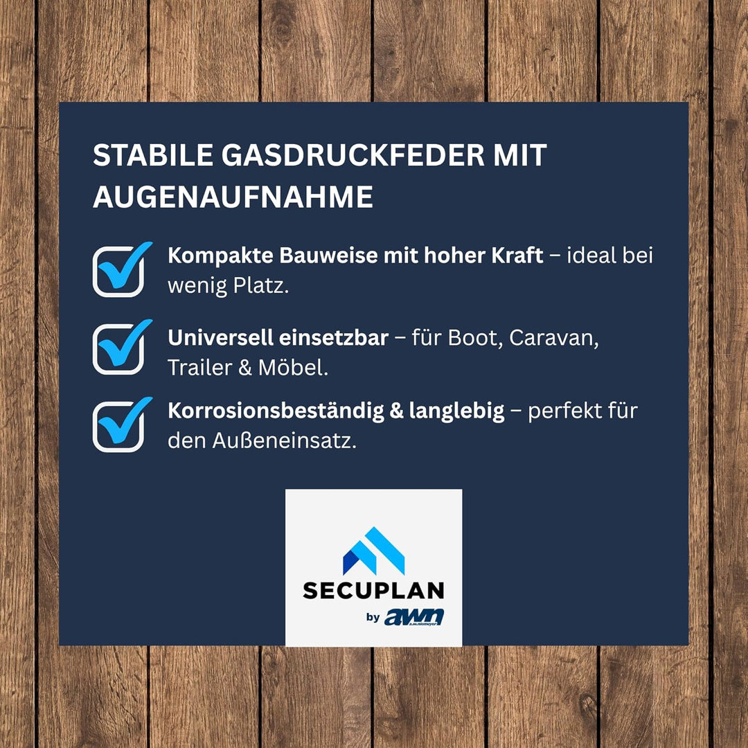 Secuplan Gasdruckfeder 600 mm, 255 mm Hub, 200 N, Ø 8/6 mm, abnehmb. Augen Gasdruckdämpfer, Gasfeder
