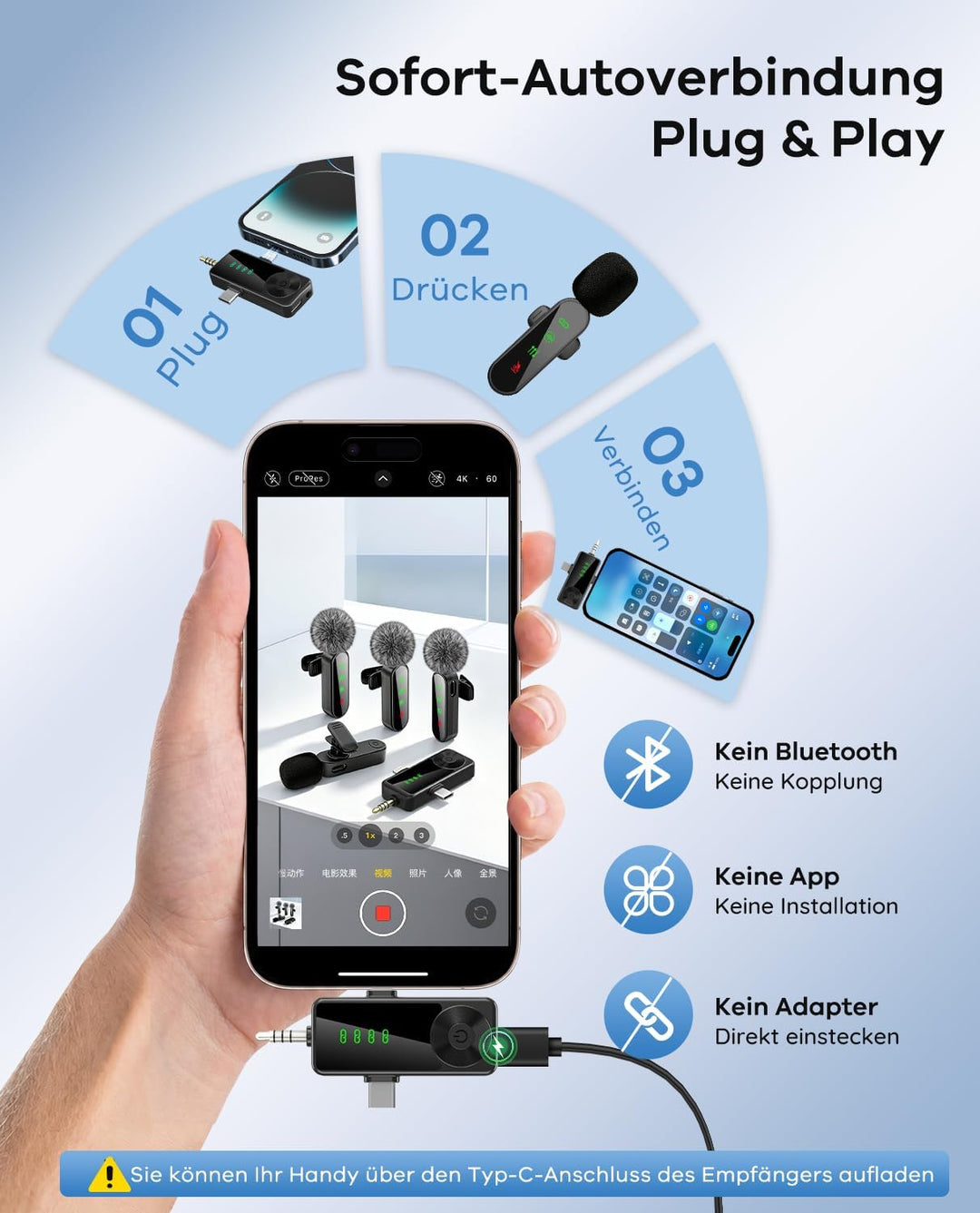 4er-Set kabelloses Lavalier Mikrofon für iPhone und Android-Handy | Mini Ansteckmikrofon mit Rauschu