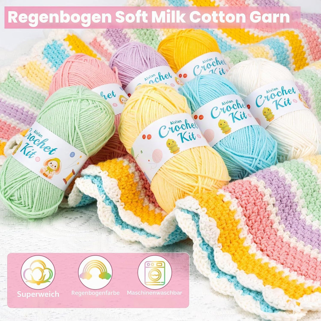 Alvian Häkelset für Anfänger, Regenbogen-Decke, Häkeln, DIY-Strick-Starter-Set, enthält Garn, Metall