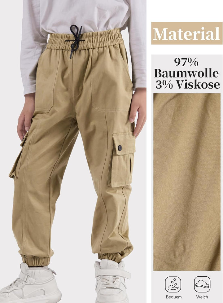 Kinder Cargo Hose mit elastischem Bund Funktionshose Jungen Jogginghose Outdoor 140 Khaki, 140 Khaki