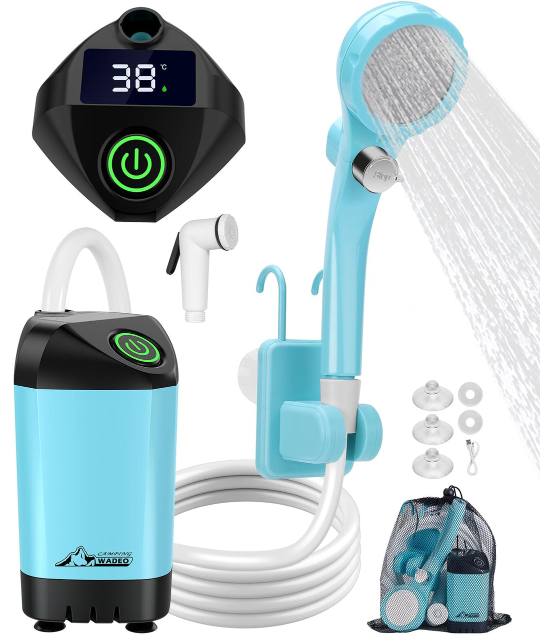 WADEO Tragbare Campingdusche Akku mit Pumpe, Camping Dusche Outdoor mit wiederaufladbarem 4500-mAh-A