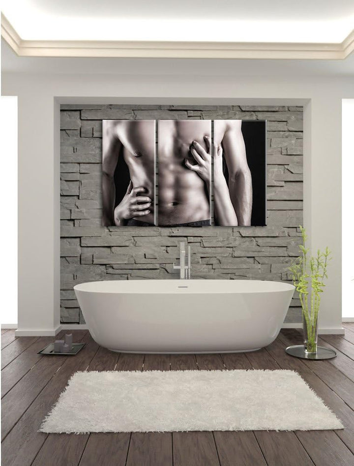 Pixxprint muskulöser Waschbrettbauch B&amp;W Detail 3-Teiler Leinwandbild 120x80 Bild auf Leinwand