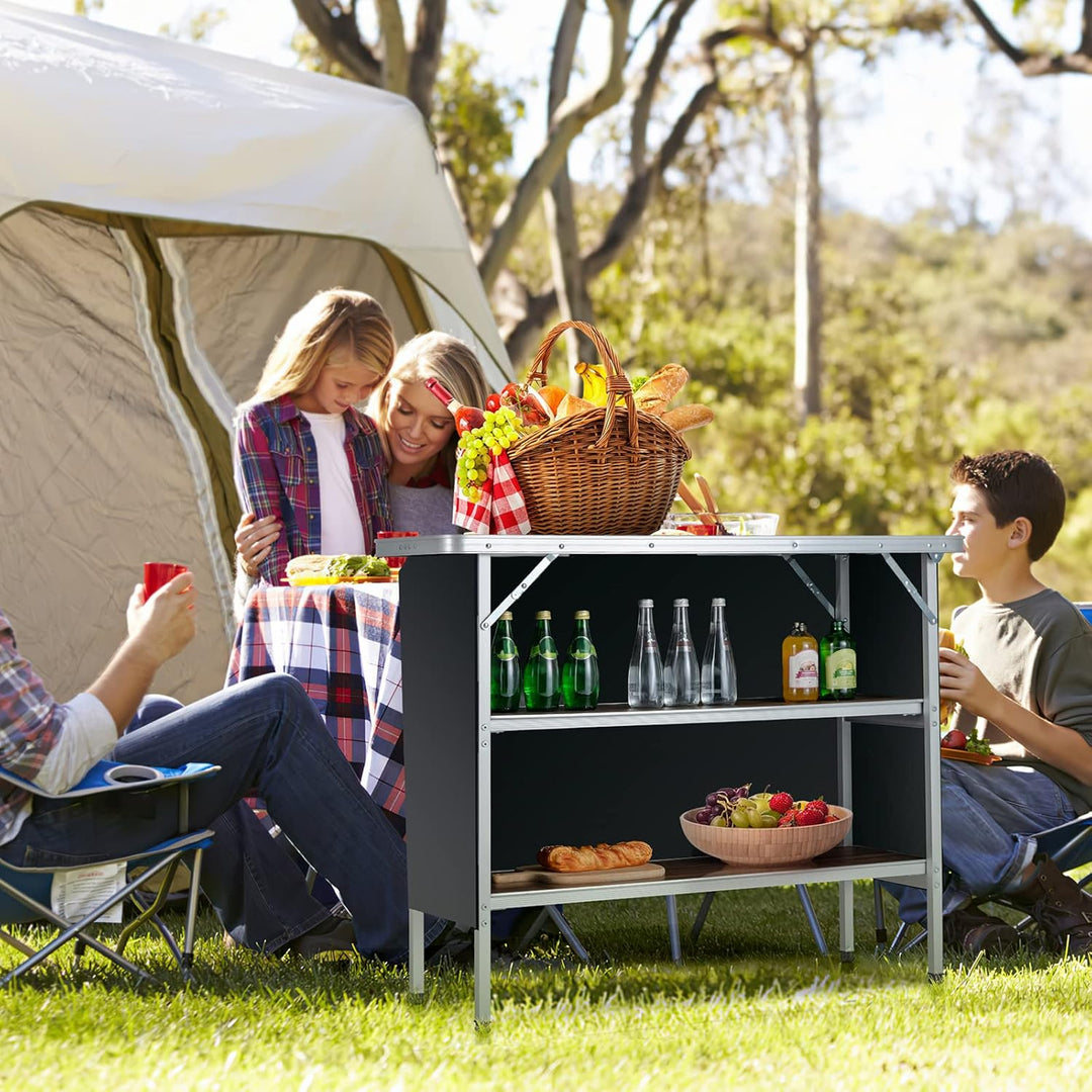 KOMFOTTEU Campingküche mit 3 Ebenen Stauraum, Campingschrank Klappbar mit Tragetasche, Picknicktisch