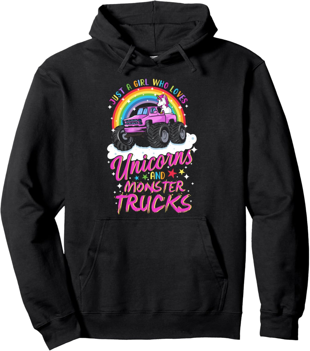 Just A Girl Who Loves Unicorns and Monster Trucks Rainbow Pullover Hoodie