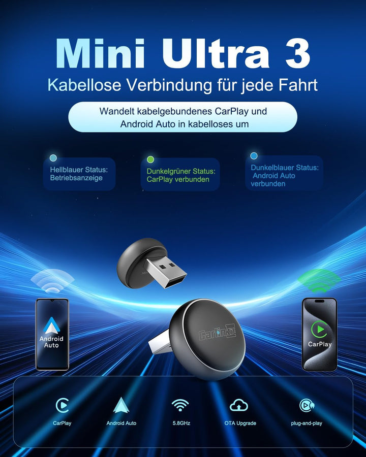 Carlinkit Wireless CarPlay &amp; Android Auto Adapter – Mini Ultra 3, wandelt OEM-Kabelverbindung in kab