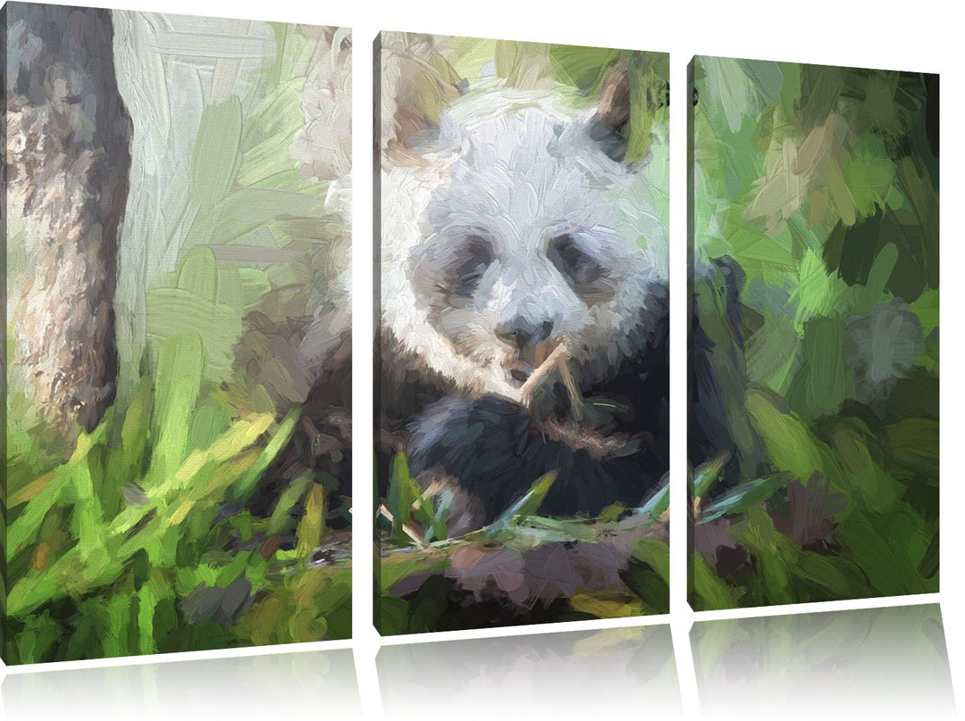 Pixxprint Niedlicher Panda isst Bambus Kunst Pinsel Effekt 3-Teiler Leinwandbild 120x80 Bild auf Lei