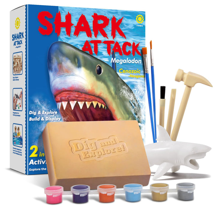 EGGBOX Megalodon Skelett Ausgrabungsset für Kinder – 2-in-1 Dig & Build Kit mit Graffiti-Mammut, Exp
