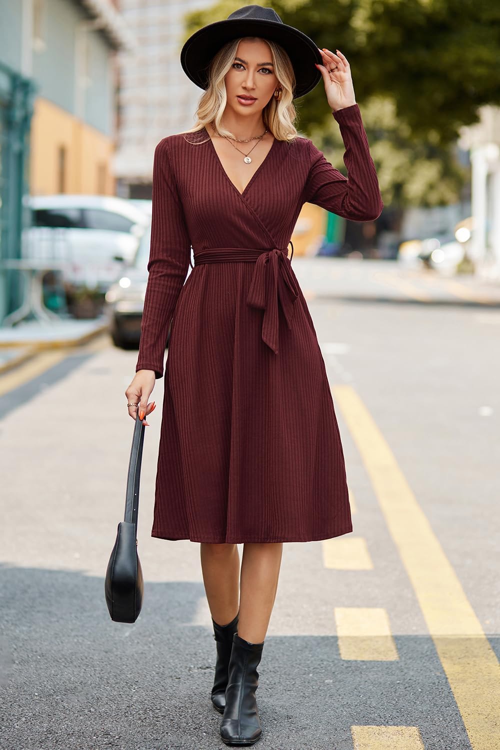 Newshows Strickkleid Damen Herbstkleid V Ausschnitt Pulloverkleid Winterkleid Kleid mit Taschen für