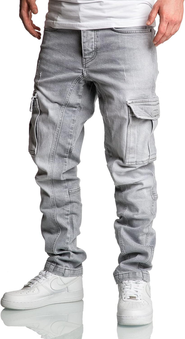 Amaci&Sons Herren Cargo Jeans Regular Slim Denim Hose Destroyed 7977 40W / 32L Hellgrau, 40W / 32L H