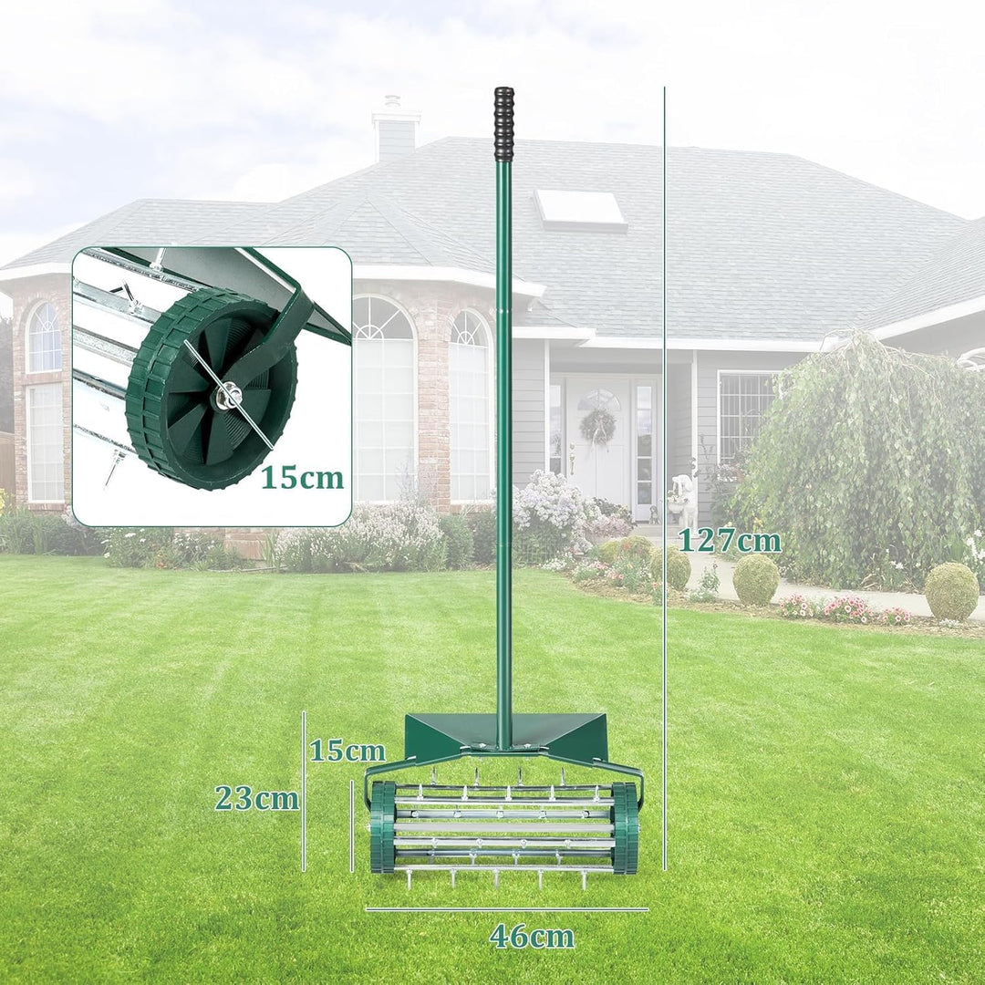 FANTASK Rasenlüfter Walze mit Stiel, Grün Handvertikutierer rollend, Rasenrolle mit 3cm Nägeln & Spr