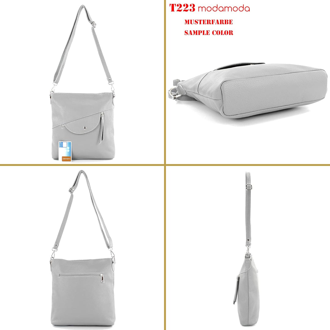 modamoda de - T223 - ital. Umhängetasche Schultertasche Medium aus Leder Silber-metallic, Silber-met
