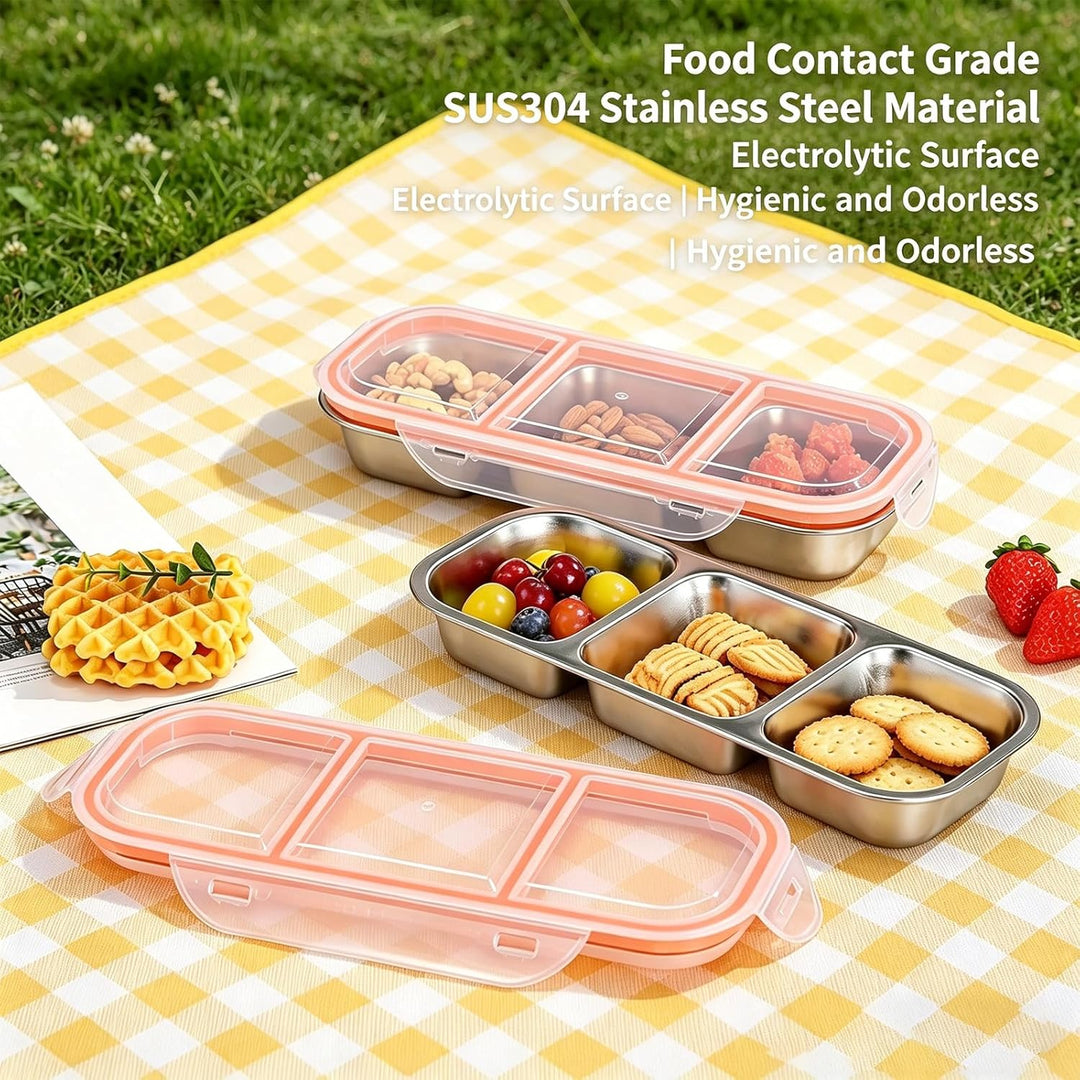 BYZESTY Snackbox mit 3 Fächern, 4er Set Edelstahl Snackbox, Snackbox mit Fächern, Auslaufsicher Snac