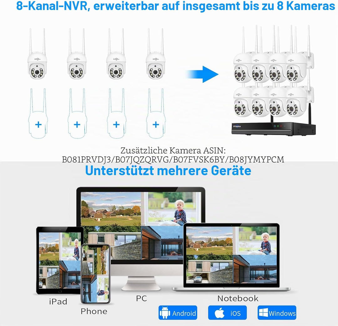 Hiseeu [5MP+1TB] WLAN Überwachungskamera Set Aussen mit 10CH Wireless NVR,4x5MP PTZ Kabellose Kamera