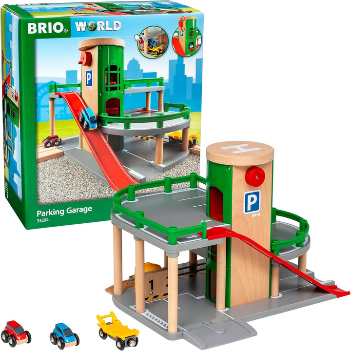 BRIO World 33204 Parkhaus, Strassen &amp; Schienen – Eisenbahnzubehör Holzeisenbahn – Empfohlen für Kind