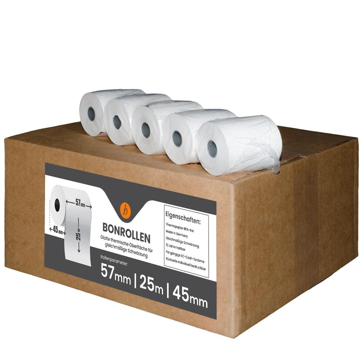 50 Stk. Thermorollen | 57x25x12 mm Ø45mm | Länge: 25 m | BPA frei | für EC Cash Geräte | Thermopapie