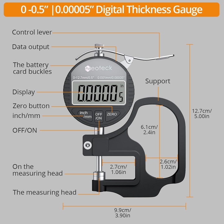 Neoteck Tragbarer Digitaler Dickenmessstreifen 0-12,7 mm Messbereich 0,001/0,00005 '' elektronischer