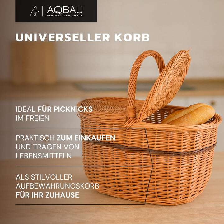 Natural Weiden-Picknickkorb mit Deckel 40 x 40 x 28 cm, Einkaufskorb geflochten aus Weide, Pilzkorb,