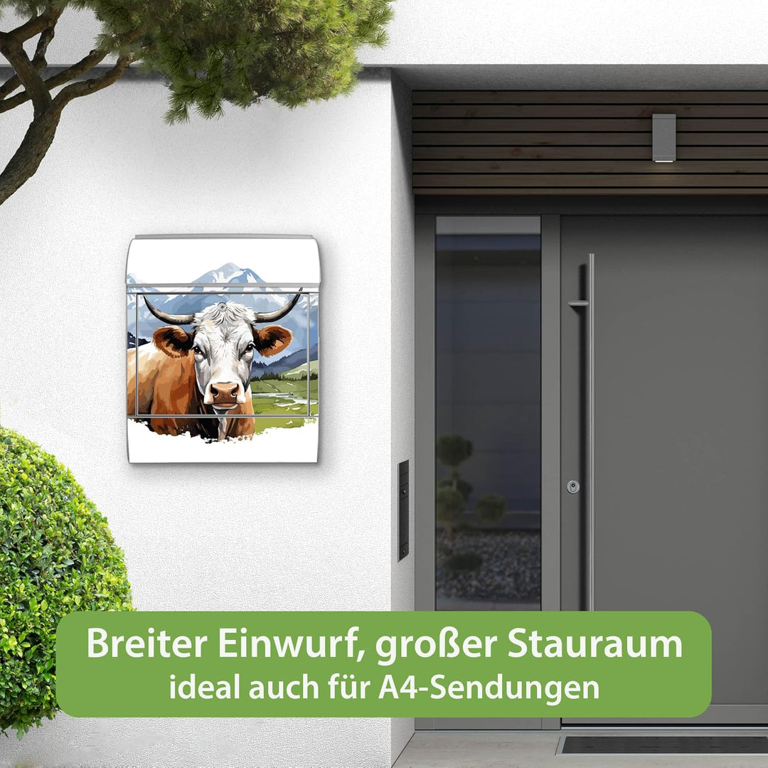 banjado Design Briefkasten 38,5x46,5x13cm &amp; 2 Schlüssel - Briefkasten Stahl Silber mit Zeitungsfach