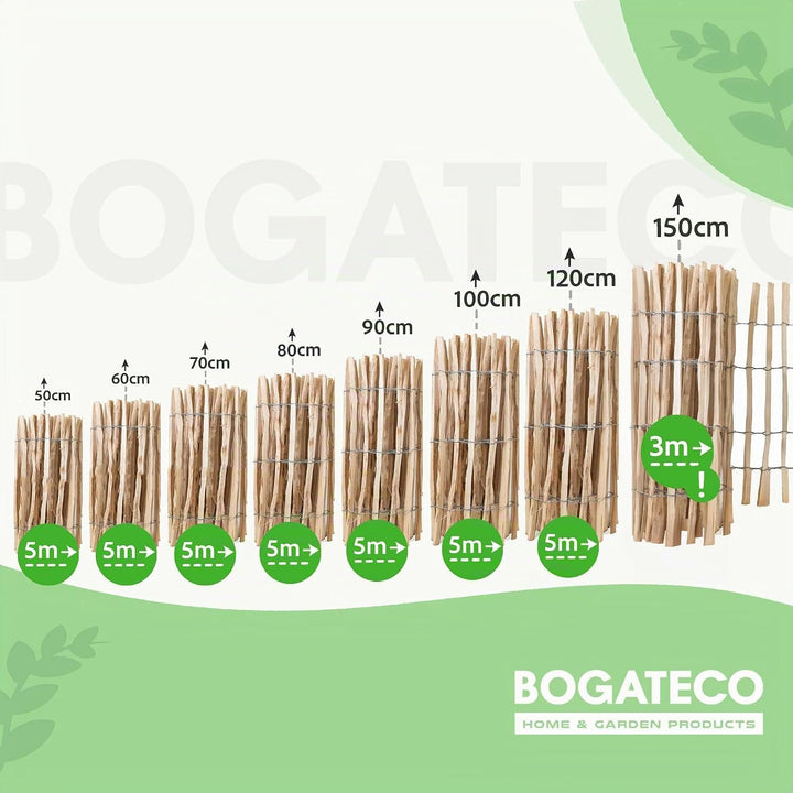 BOGATECO Staketenzaun Haselnuss Kastanie | Holz-Zaun 50 cm Hoch &amp; 500 cm Lang | Lattennabstand 4-5 c