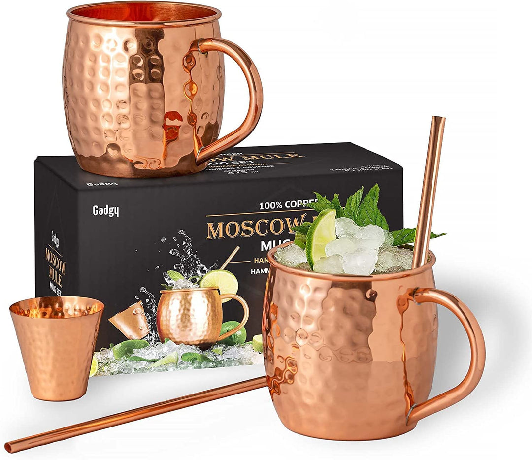 Gadgy Moscow Mule Becher Set aus Kupfer – 2 Handgefertigte Kupferbecher + 2 Strohhalme + Barmass – C