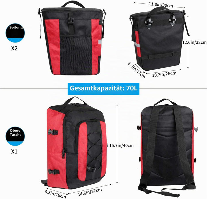 PELLOR Fahrrad Gepäcktaschen, 3 in 1 Multifunction 70L Gepäckträger Tasche Reissfest Gross Fahrradta