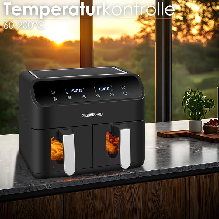 Heissluftfritteuse | 2 Kammern | Heissluftfritteuse | 4 in 1 Mini Backofen | Fritteuse | Dörrautomat