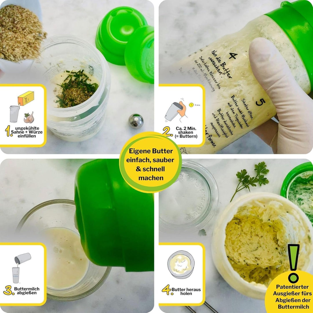 Butter machen mit dem 325ml-Butter &amp; Sahne-Shaker (WEISS) mit Butterungskugel und Aufschäumer
