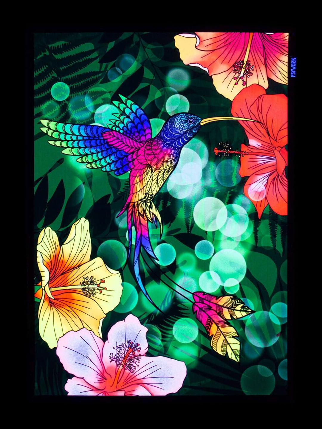 PSYWORK Schwarzlicht Stoffposter Neon | Kolibri Hibiskus Flower | 0,5 x 0,7m | UV-aktiv | fluoreszie