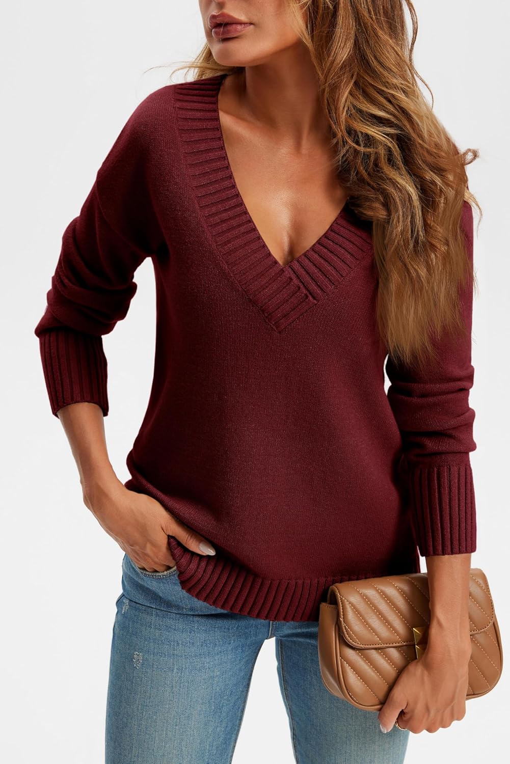 Wenrine Damen Pullover Winter Langarm V-Ausschnitt Strickpullover Sexy Lose Einfarbig S Burgunderrot