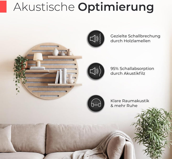 Akustikpaneele Holz Wandregal – Echtholz Eiche & Akustikfilz Grau | rund 70x60cm – Regal & Schalldäm