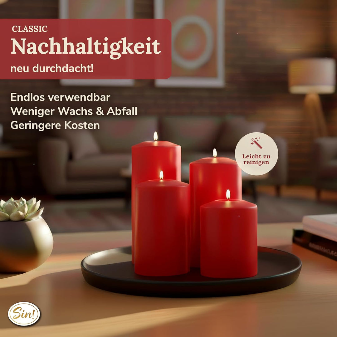 Sin!® 1x Teelichthalter & Dauerkerze Classic ROT ∅ 8cm Höhe 15cm Seidenglanz - Die Kerze die Nicht s