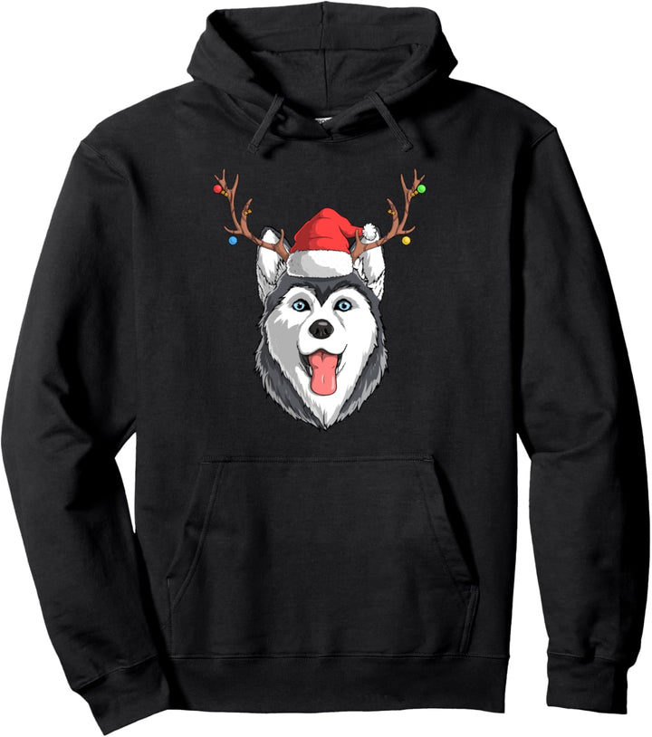 Husky Dog Reindeer Santa Claus Hat Christmas X-Mas Holiday Pullover Hoodie