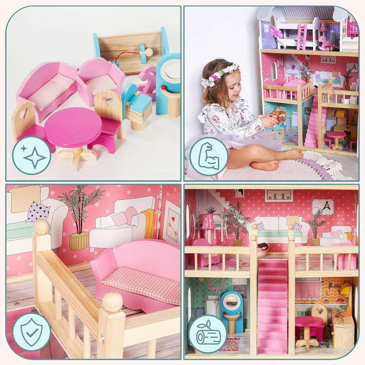mamabrum Puppenhaus Holz ab 3 Jahre Mädchen – Grosses Puppenhaus mit Möbeln &amp; LED Beleuchtung – 3 Et