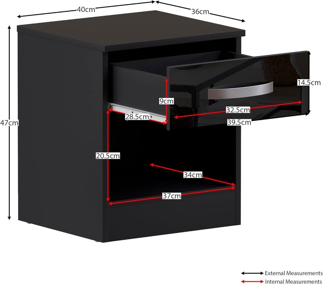 Vida Designs Hochglanz Nachttische, Nachttisch Beistelltisch (Schwarz, 1 Schublade) 1 Drawer Schwarz
