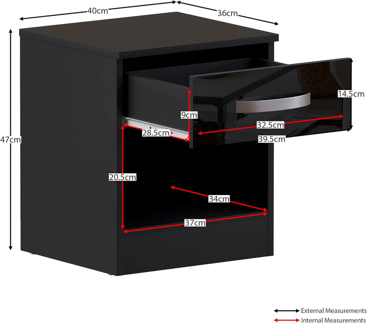Vida Designs Hochglanz Nachttische, Nachttisch Beistelltisch (Schwarz, 1 Schublade) 1 Drawer Schwarz