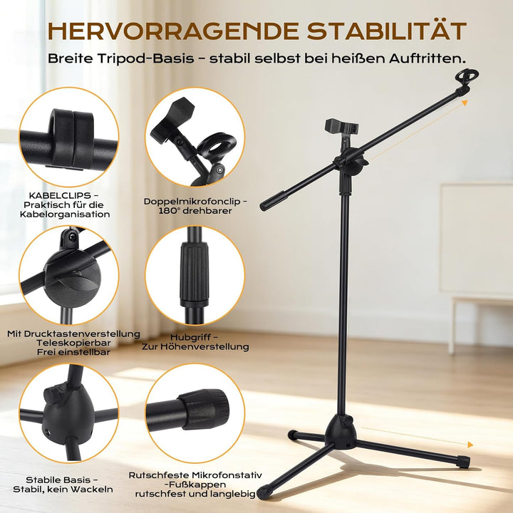 Doppeltes Mikrofonständer-Set mit Schwenkarmen – Robuster Halter aus Zinklegierung, tragbar &amp; faltba