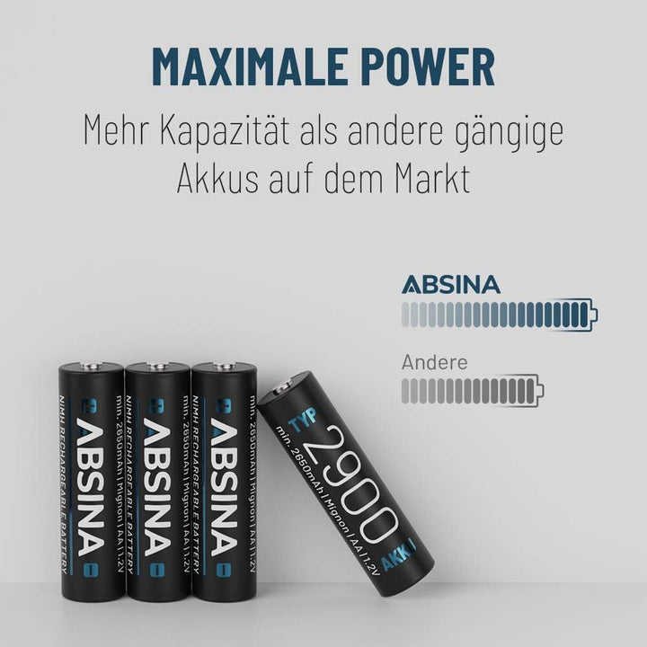 ABSINA Akku AA wiederaufladbar 2900 16er Pack - NiMH AA Akku mit 1,2V &amp; min. 2650mAh - Aufladbare Ba